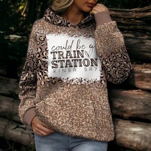 Leopard Print 'Could Be a Train Station Kinda Day' Women's Hoodie - Brown